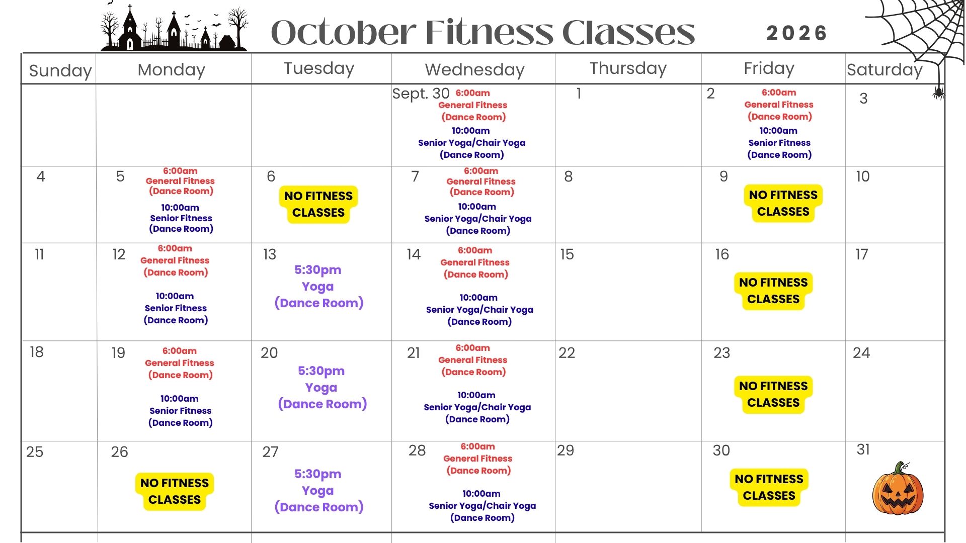 October Fitness Schedule 2026